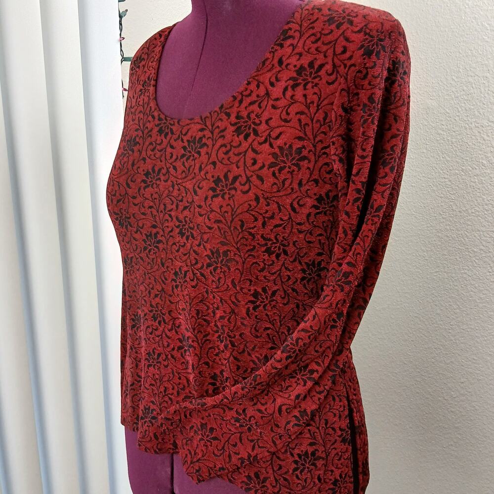 Rabbit Designs Vintage 80s Dark Red Blouse 10M black floral shoulder pads LS